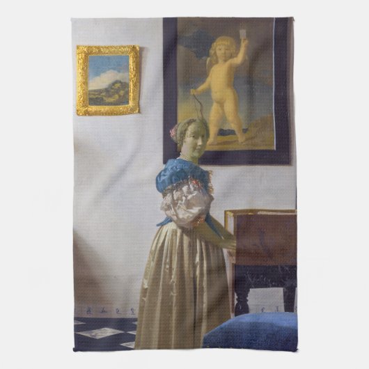 Johannes Vermeer - Lady Stehend bei einer Jungfrau Geschirrtuch (Vertikal)