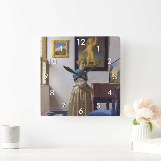Johannes Vermeer - Lady Stehend bei einer Jungfrau Quadratische Wanduhr (Zuhause)