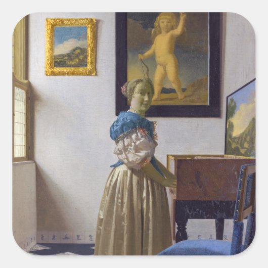 Johannes Vermeer - Lady Stehend bei einer Jungfrau Quadratischer Aufkleber (Vorderseite)