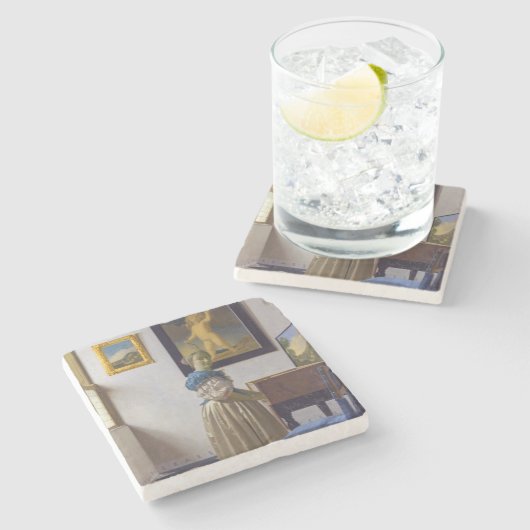 Johannes Vermeer - Lady Stehend bei einer Jungfrau Steinuntersetzer (Seitenansicht)