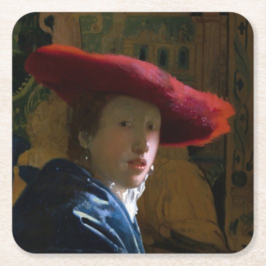 Johannes Vermeer - Mädchen mit einem Red Hat Rechteckiger Pappuntersetzer (Vorderseite)
