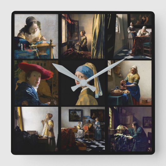 Johannes Vermeer - Masterpieces Grid Quadratische Wanduhr (Vorderseite)