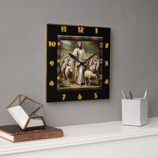 John 10:7 Golden Shepherd Loving Scene Quadratische Wanduhr (Büro)