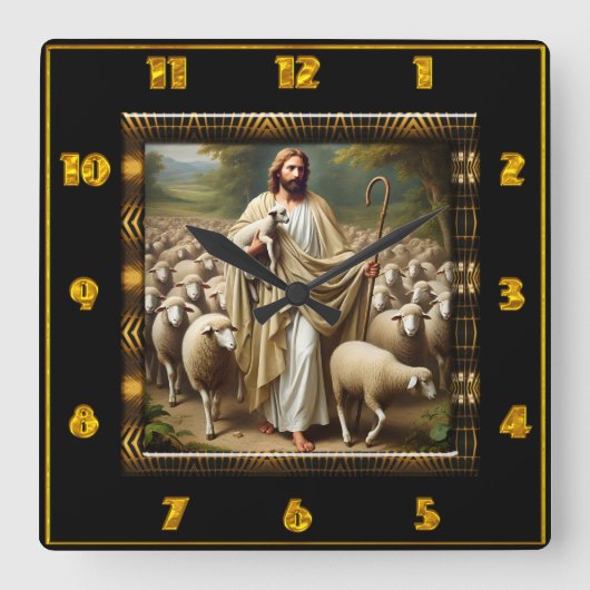 John 10:7 Golden Shepherd Loving Scene Quadratische Wanduhr (Vorderseite)