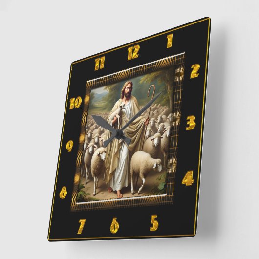 John 10:7 Golden Shepherd Loving Scene Quadratische Wanduhr (Winkel)