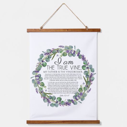 John 15:1-8 Eukalyptus Lavender Floral Scripture Wandteppich Mit Holzrahmen (Vorderseite)