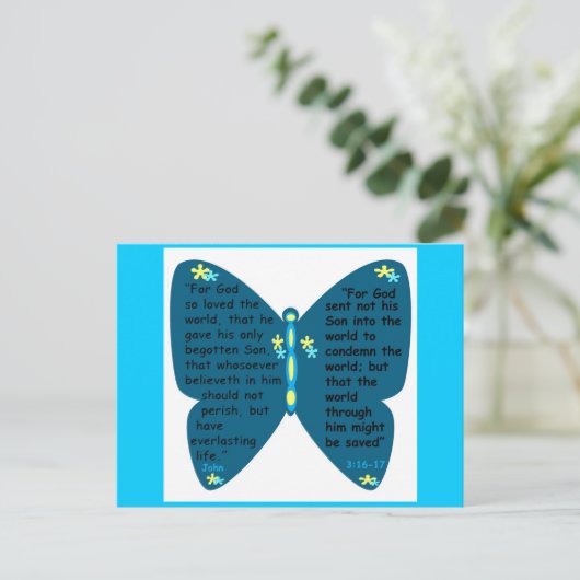 John 3: 16-17 blaue Schmetterlingskarte Postkarte (Stehend Vorderseite)