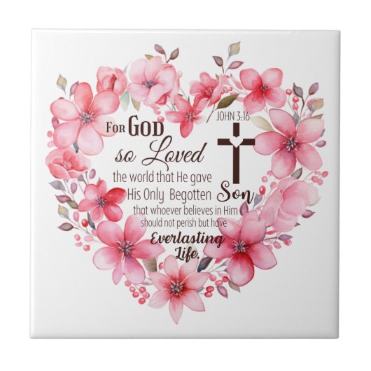 John 3:16 Floral Heart Bible Verse Fliese (Vorderseite)