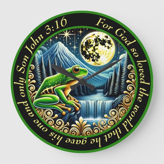 John 3:16 Golden Frog Hops in Rustic Perfection Große Wanduhr (Vorderseite)