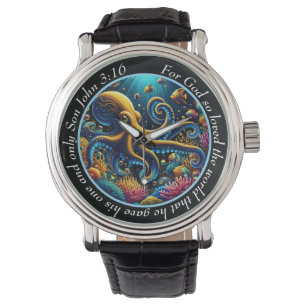 John 3:16 Lebendige Oktopus-Uhr Ozean Glaube Armbanduhr