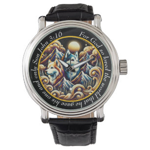 John 3:16 Majestätisches Wolf-Uhrwerk Wildnis Glau Armbanduhr