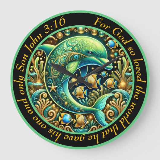 John 3:16 Ocean Harmony Dolphin Große Wanduhr (Vorderseite)