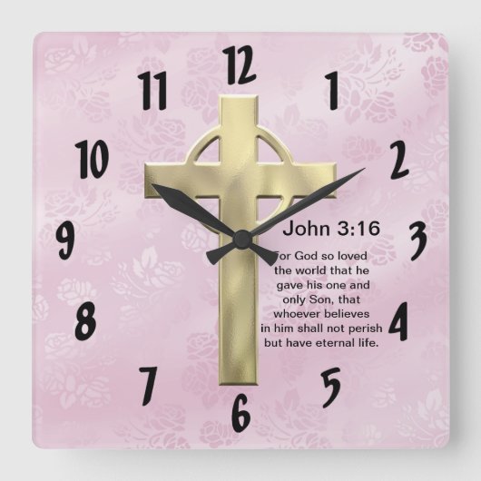 John 3:16 (pink) quadratische wanduhr (Vorderseite)
