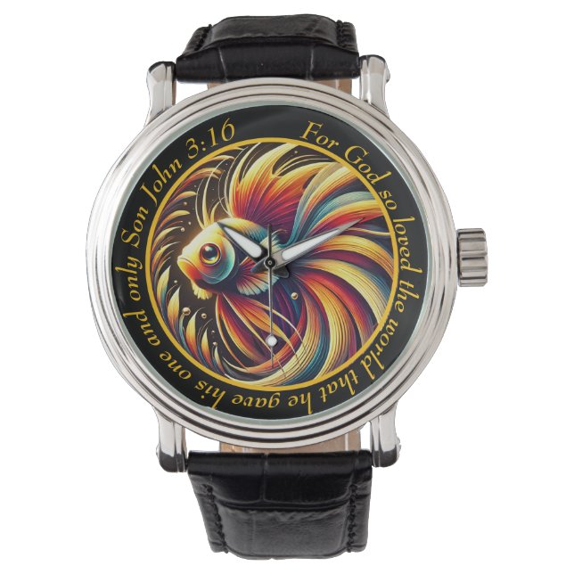 John 3:16 Vibrant Fish Timepiece Flowing Faith Armbanduhr (Vorderseite)
