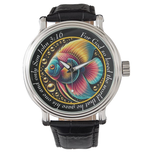 John 3:16 Vibrant Fish Timepiece Ocean Faith Armbanduhr (Vorderseite)