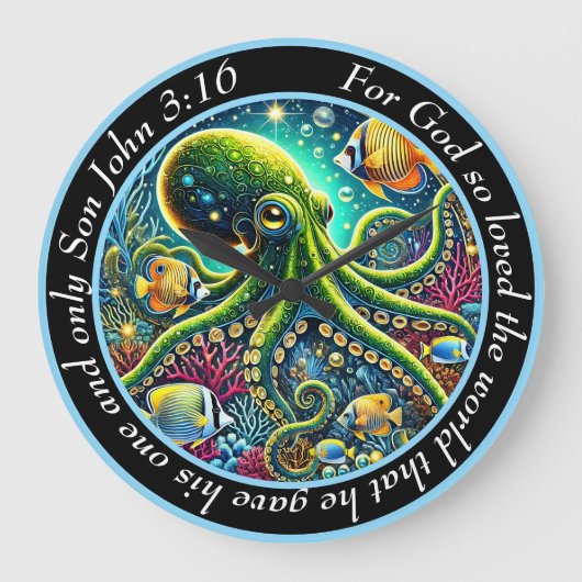 John 3:16 Wassertopus Große Wanduhr (Vorderseite)