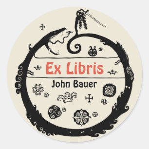 John Bauer Curled Dragon Ex libris CC1032 Runder Aufkleber