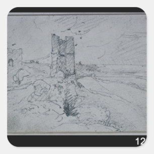 John Constable Hütten über eine hohe Bank, 1834 Quadratischer Aufkleber