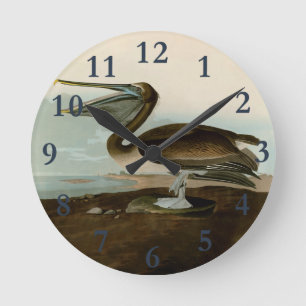 John James Audubon Brauner Pelikan Kunstwerk Maler Runde Wanduhr
