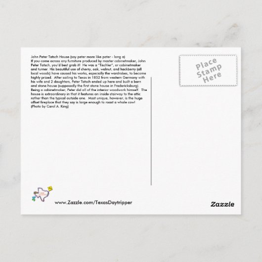 John Peter Tatsch Zuhause, Fredericksburg, TX Postkarte (Rückseite)