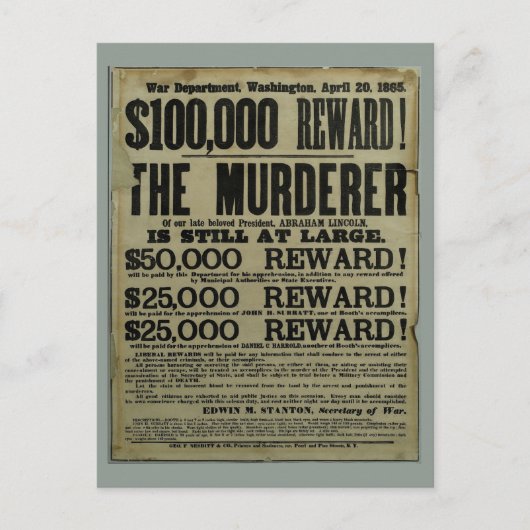 John Wilkes Booth Lincoln Mordposter Postkarte (Vorderseite)