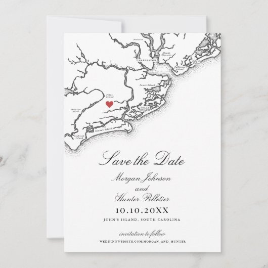 Johns Island SC Map Elegant Black White Wedding Save The Date (Vorderseite)