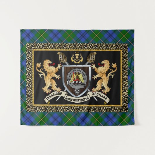 Johnstone Clan Abzeichen & Motto w/Lions Wandteppich (Vorderseite (Horizontal))