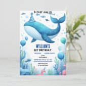 Join cooler Fisch Blauwal Hai 1. Geburtstag Einladung (Stehend Vorderseite)