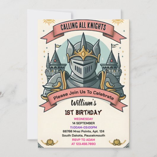 Join Niedlich Kids Hero Boys Girls Ritter 1. Gebur Einladung (Vorderseite)