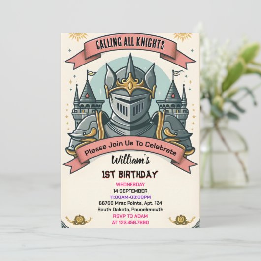 Join Niedlich Kids Hero Boys Girls Ritter 1. Gebur Einladung (Stehend Vorderseite)