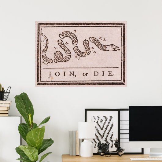 Join oder Die Benjamin Franklin Politischer Cartoo Poster (Heimbüro)