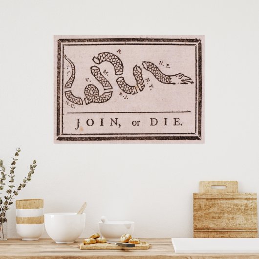 Join oder Die Benjamin Franklin Politischer Cartoo Poster (Küche)