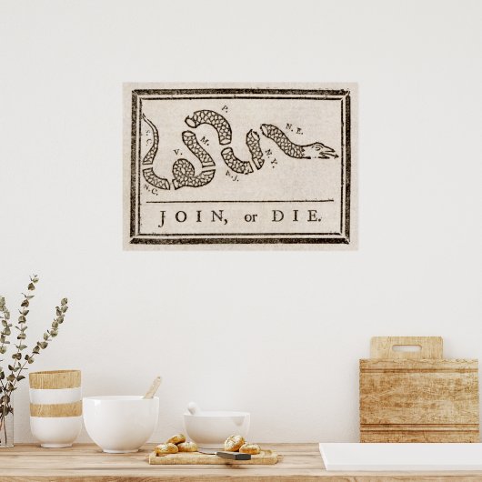 Join oder Die Benjamin Franklin Politischer Cartoo Poster (Küche)