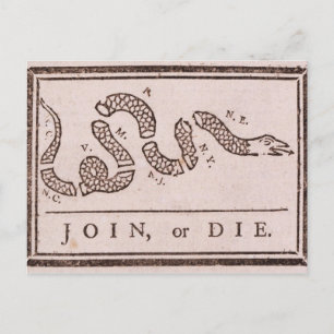 Join oder Die Benjamin Franklin Politischer Cartoo Postkarte