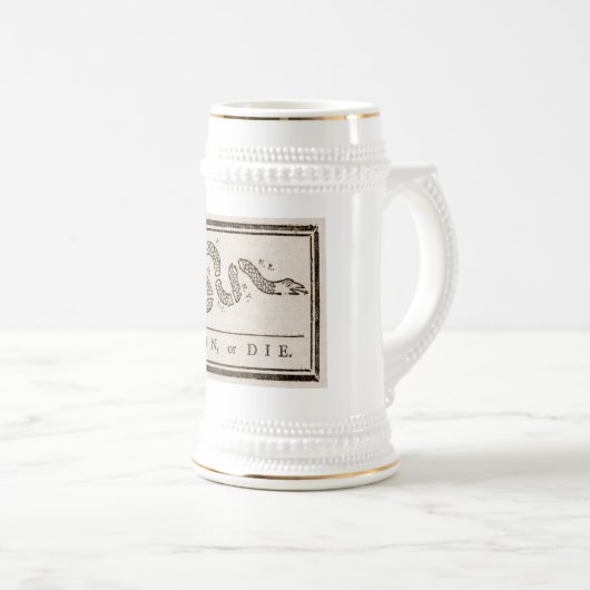 Join oder Die Rattlesnake: Cartoon Benjamin Frankl Bierglas (VorderseiteRechts)