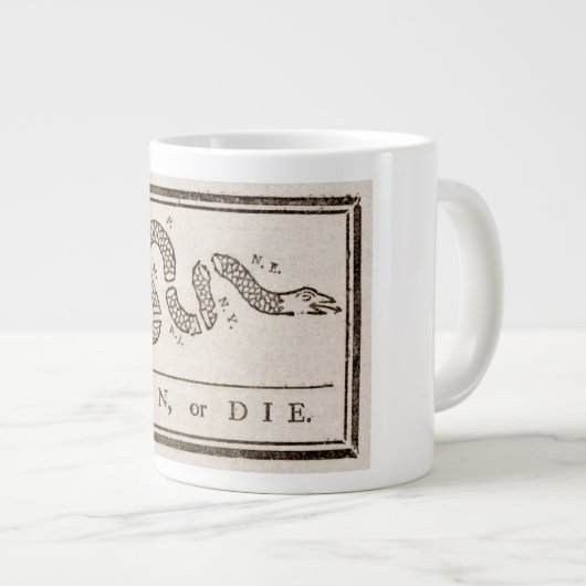 Join oder Die Rattlesnake: Cartoon Benjamin Frankl Jumbo-Tasse (Vorderseite Rechts)