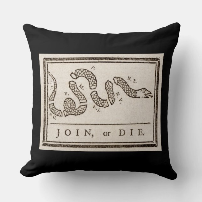 Join oder Die Rattlesnake: Cartoon Benjamin Frankl Kissen (Vorderseite)
