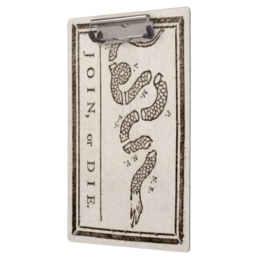 Join oder Die Rattlesnake: Cartoon Benjamin Frankl Klemmbrett (Links)