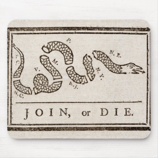 Join oder Die Rattlesnake: Cartoon Benjamin Frankl Mousepad (Vorne)