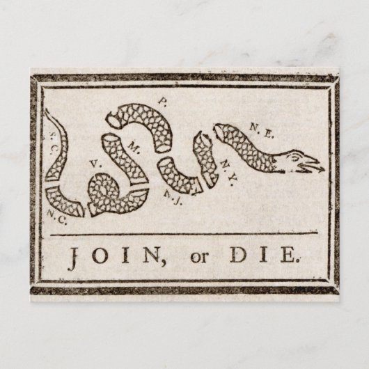 Join oder Die Rattlesnake: Cartoon Benjamin Frankl Postkarte (Vorderseite)
