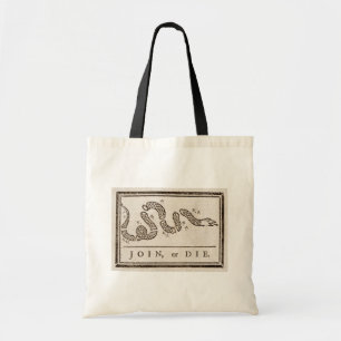 Join or Die Klapperschlange: Cartoon von Benjamin Tragetasche
