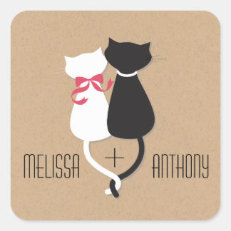 Joined Cat Schwanzes Couple Monogram Wedding Quadratischer Aufkleber