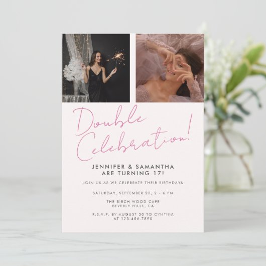 Joint Birthday Double Celebration Pink Girl Foto Einladung (Stehend Vorderseite)