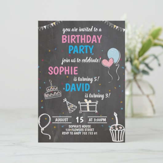 Joint Birthday Party Boy & Girl Chalkboard Niedlic Einladung (Stehend Vorderseite)