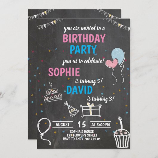 Joint Birthday Party Boy & Girl Chalkboard Niedlic Einladung (Vorne/Hinten)