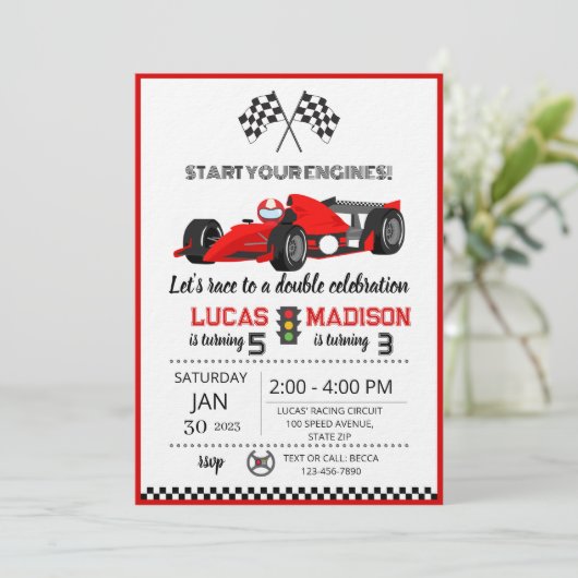 joint birthday party for siblings race car  einladung (Stehend Vorderseite)