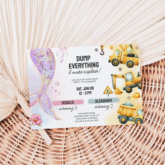 Joint Construction & Mermaid Sibling Geburtstag Einladung