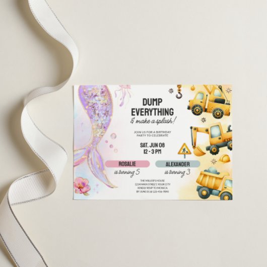 Joint Construction & Mermaid Sibling Geburtstag Einladung