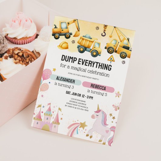 Joint Construction & Unicorn Sibling Birthday Einladung