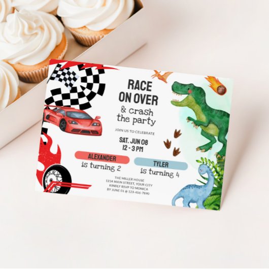 Joint Dinosaur & Race Cars Sibling Birthday Einladung